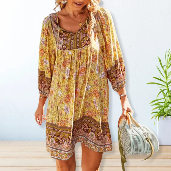 Rebecca Flowy V-Neck Bohemian Mini Dress Artisio