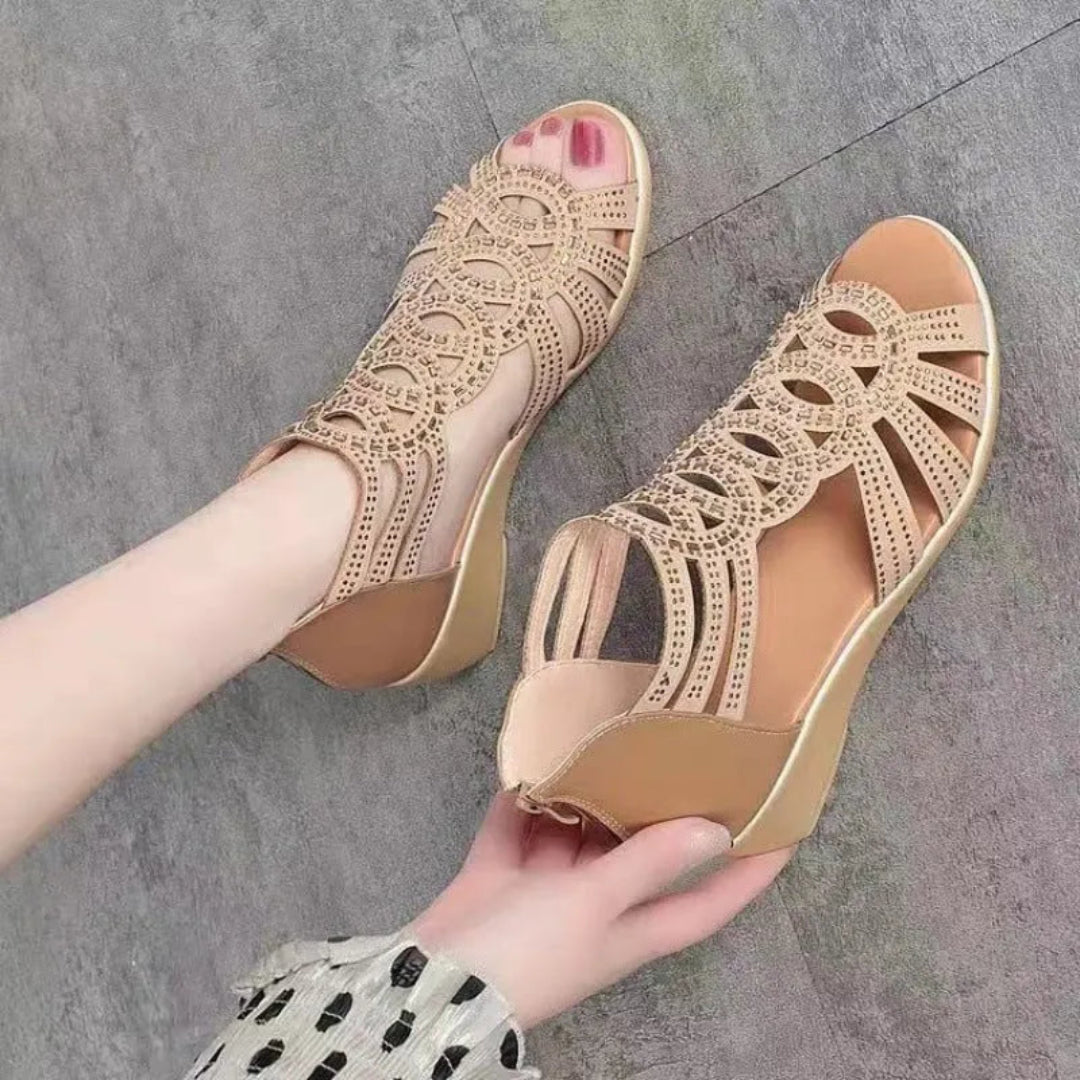 Rose Cut-Out Ankle Strap Wedge Sandal Artisio