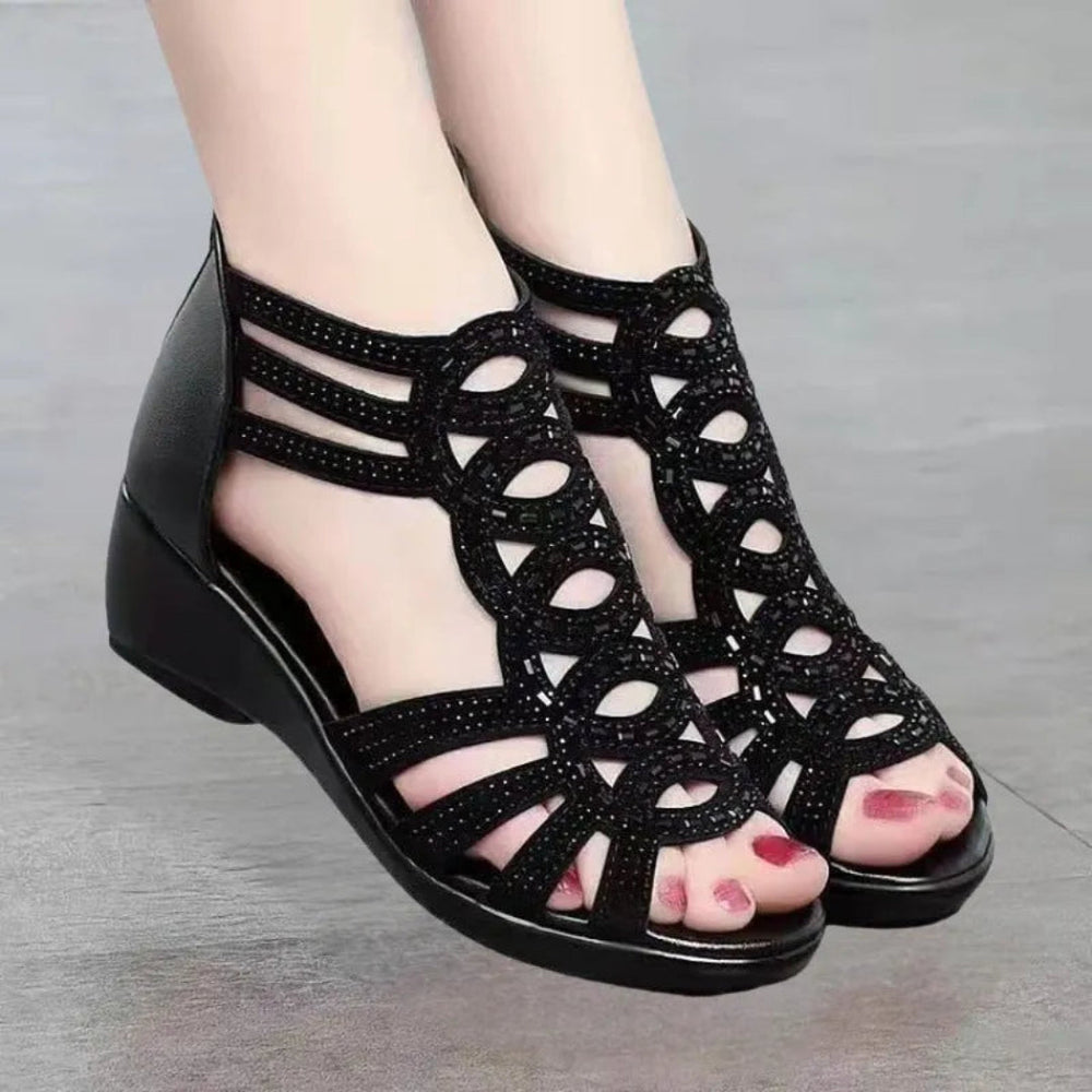 Rose Cut-Out Ankle Strap Wedge Sandal Artisio
