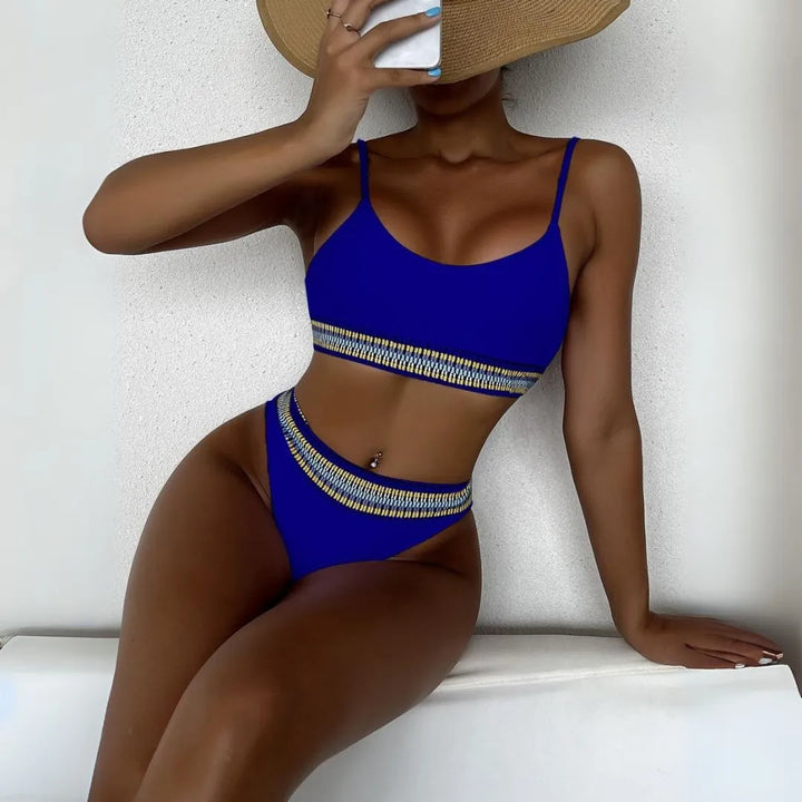 Royal Blue Patterned Elastic Spaghetti Bikini Set