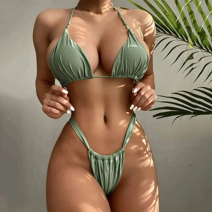 Ruched Triangle High-Cut Bottoms Bikini Set