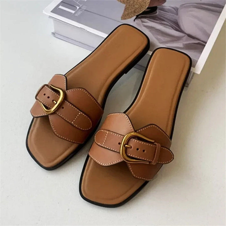 Savannah Buckle Square Toe Flat Slides Artisio