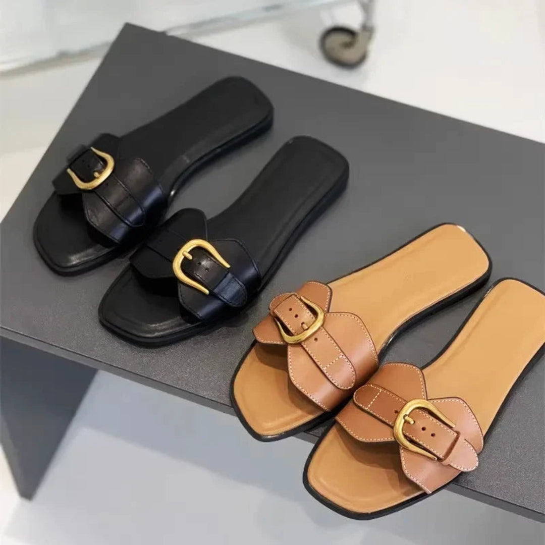 Savannah Buckle Square Toe Flat Slides Artisio