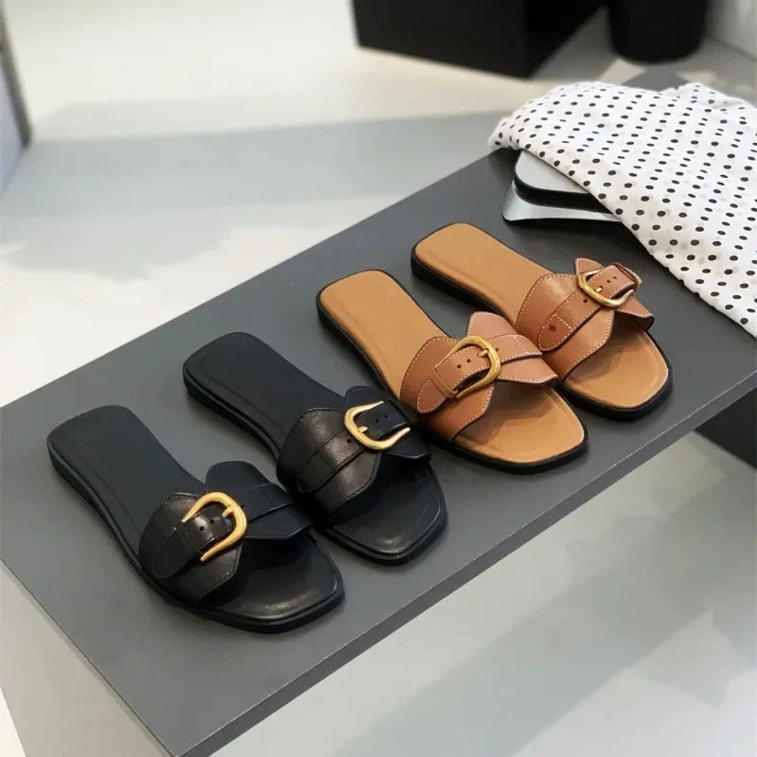 Savannah Buckle Square Toe Flat Slides Artisio