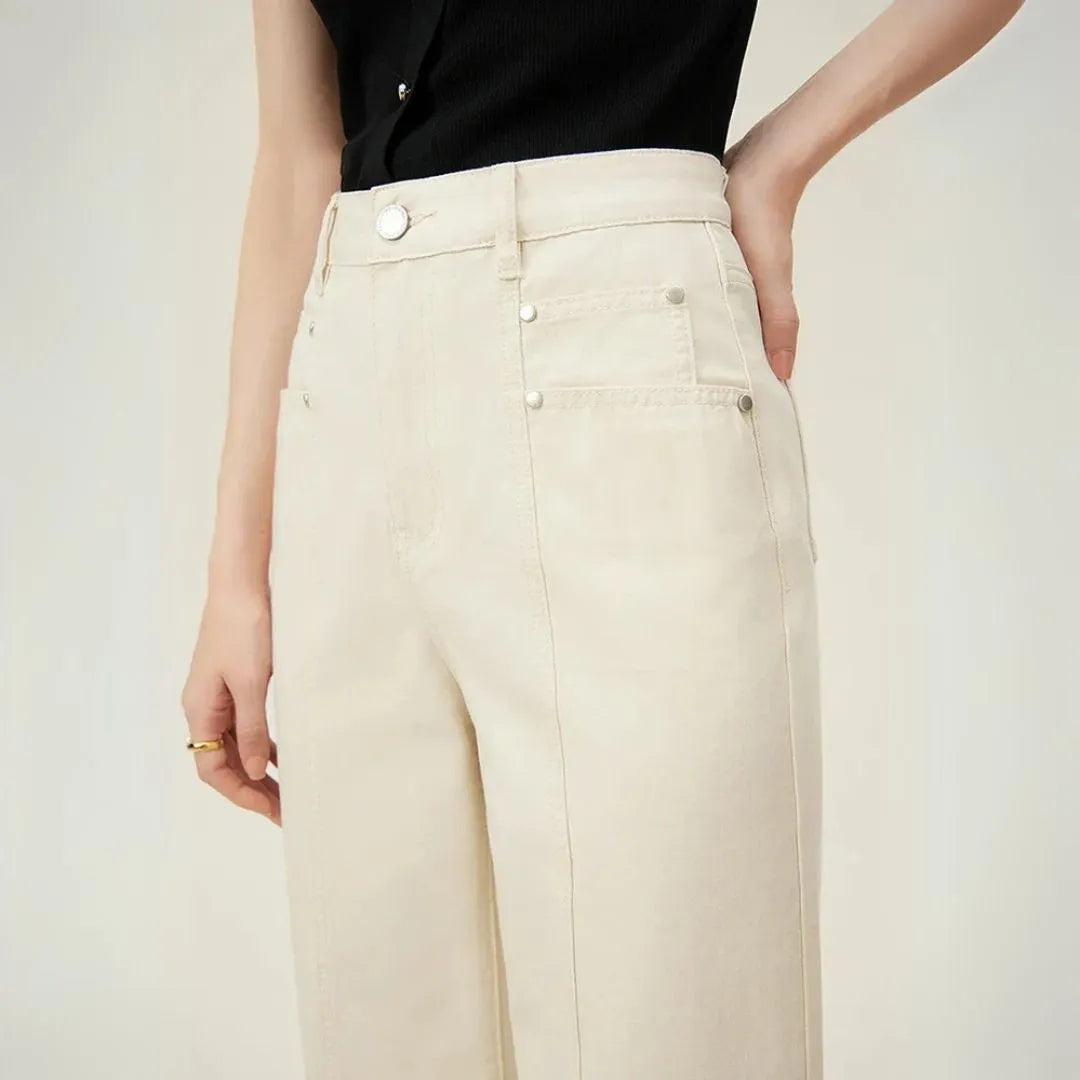 Sophia High Waist Wide-Leg Cream Denim Trousers Artisio
