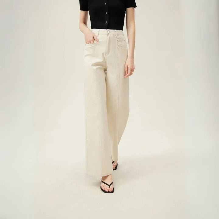 Sophia High Waist Wide-Leg Cream Denim Trousers Artisio