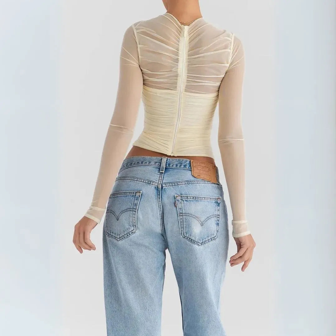 Vivienne Sheer Mesh Long Sleeves Wrap Top