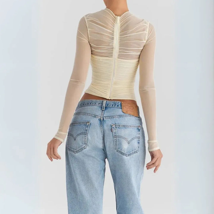 Vivienne Sheer Mesh Long Sleeves Wrap Top