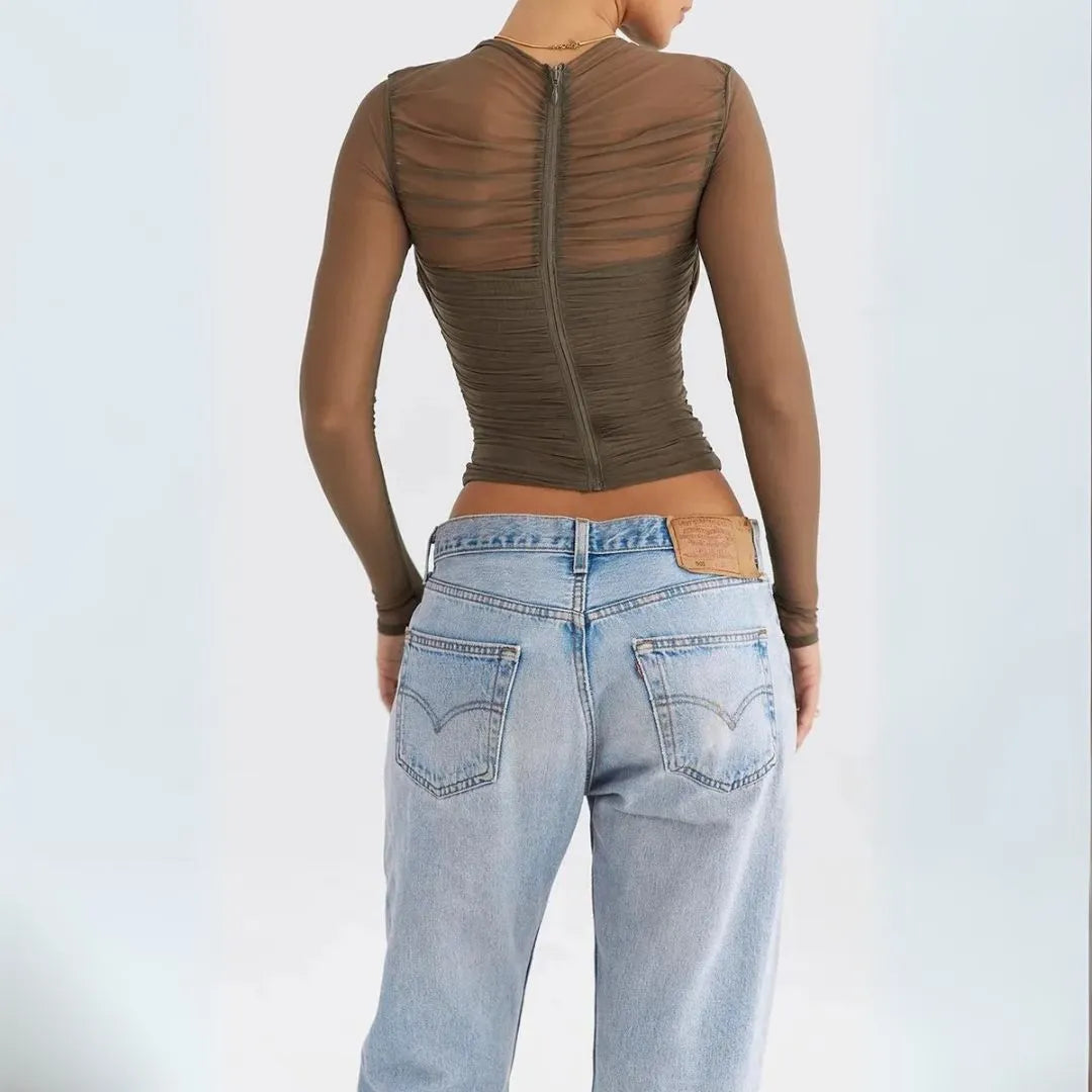 Vivienne Sheer Mesh Long Sleeves Wrap Top