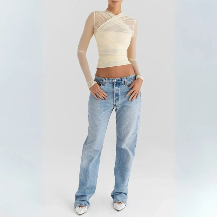 Vivienne Sheer Mesh Long Sleeves Wrap Top