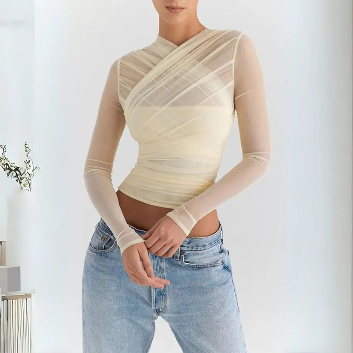 Vivienne Sheer Mesh Long Sleeves Wrap Top