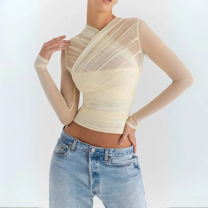 Vivienne Sheer Mesh Long Sleeves Wrap Top
