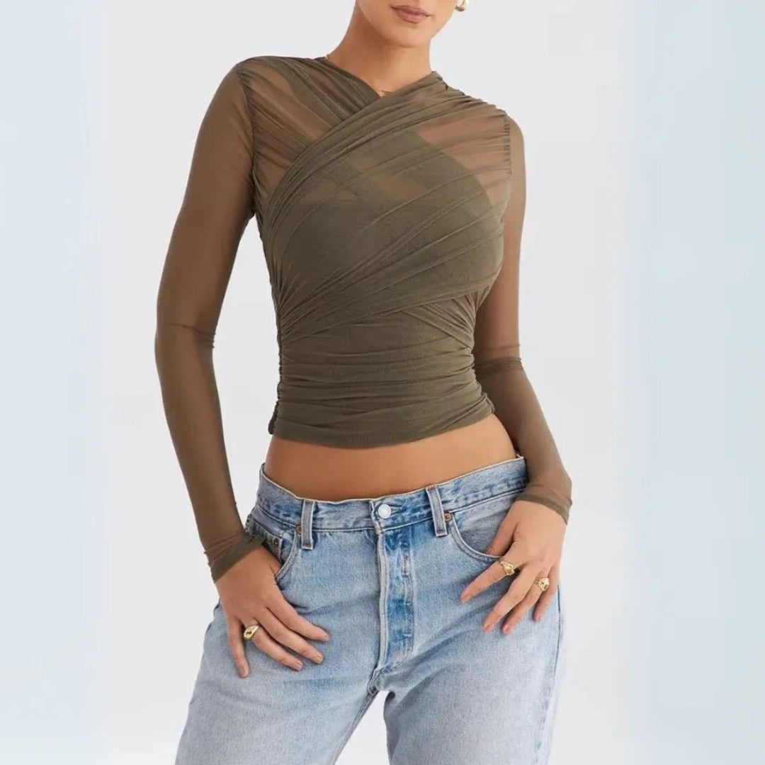 Vivienne Sheer Mesh Long Sleeves Wrap Top