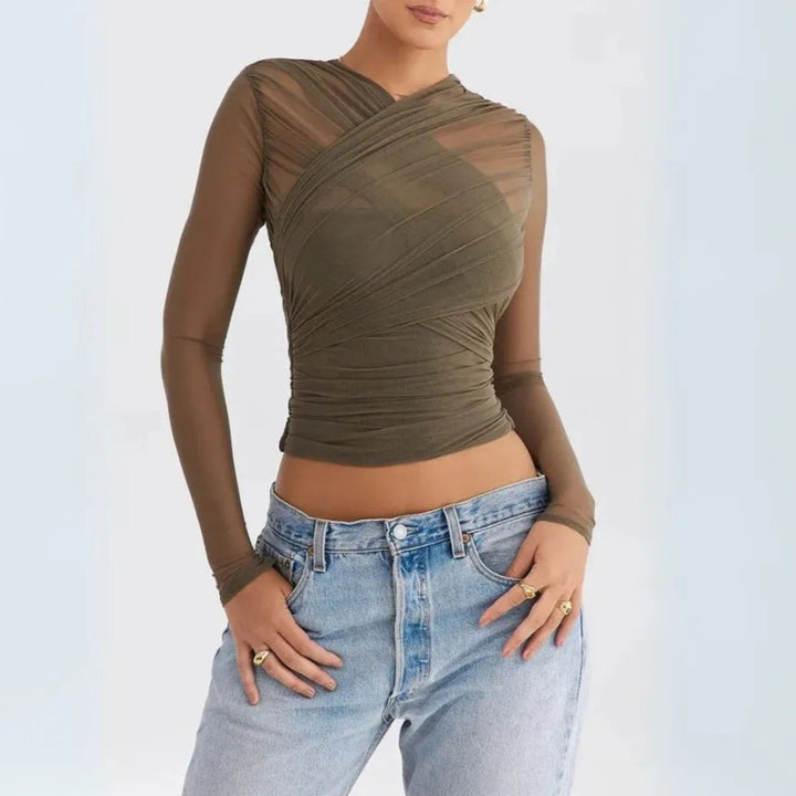 Vivienne Sheer Mesh Long Sleeves Wrap Top