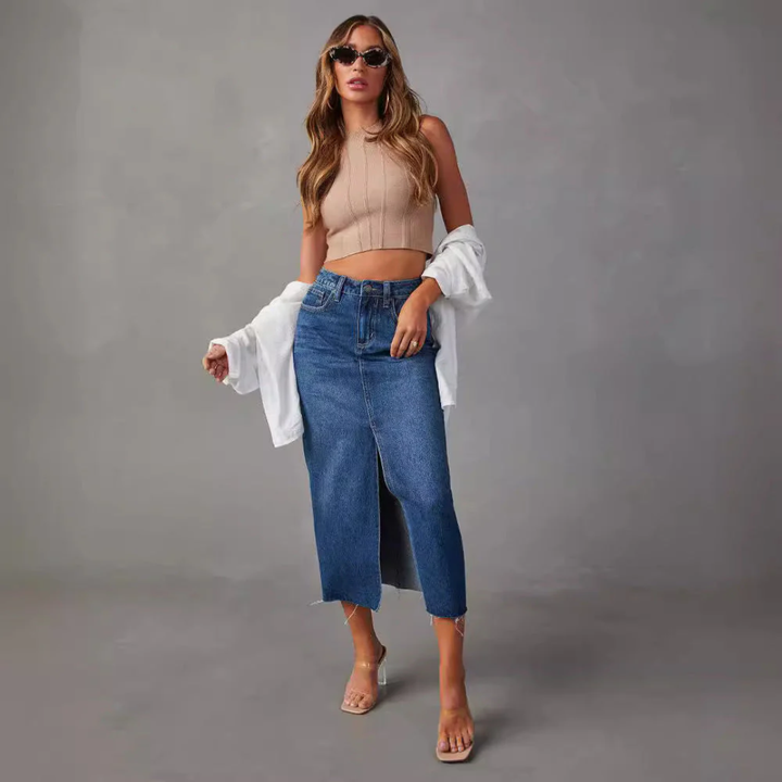 Women Front Slit Denim Midi Skirt Artisio