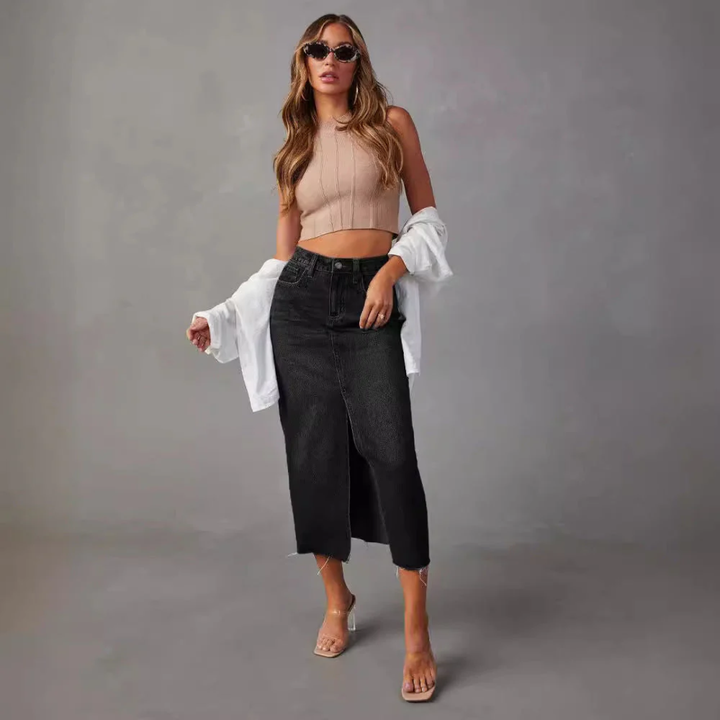 Women Front Slit Denim Midi Skirt Artisio