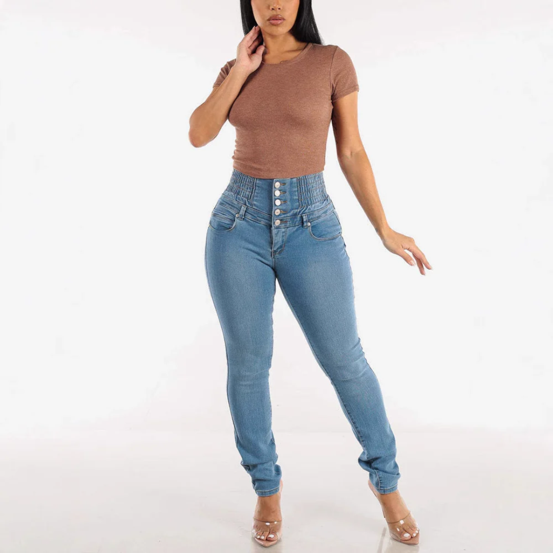 Women High Waist Button Skinny Jeans Artisio