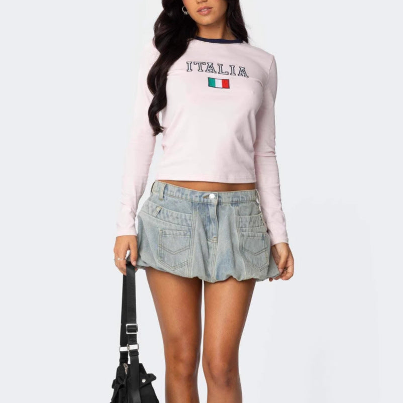 Women Bubble Hem Denim Mini Skirt Artisio