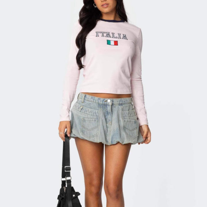 Women Bubble Hem Denim Mini Skirt Artisio