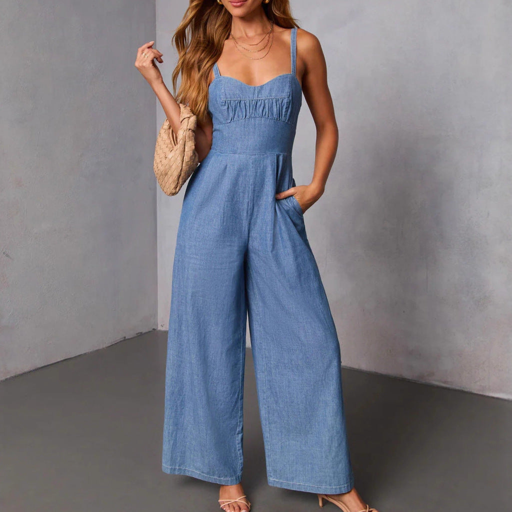 Women Denim Wide Leg Jumpsuit Artisio
