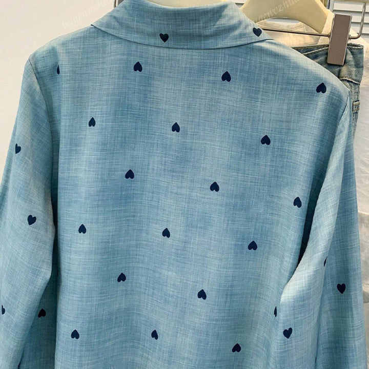 Women Heart Print Button Shirt Artisio
