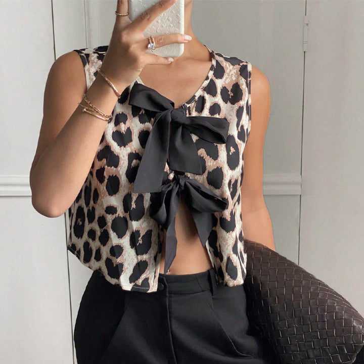 Women Leopard Bow Tie Top Artisio