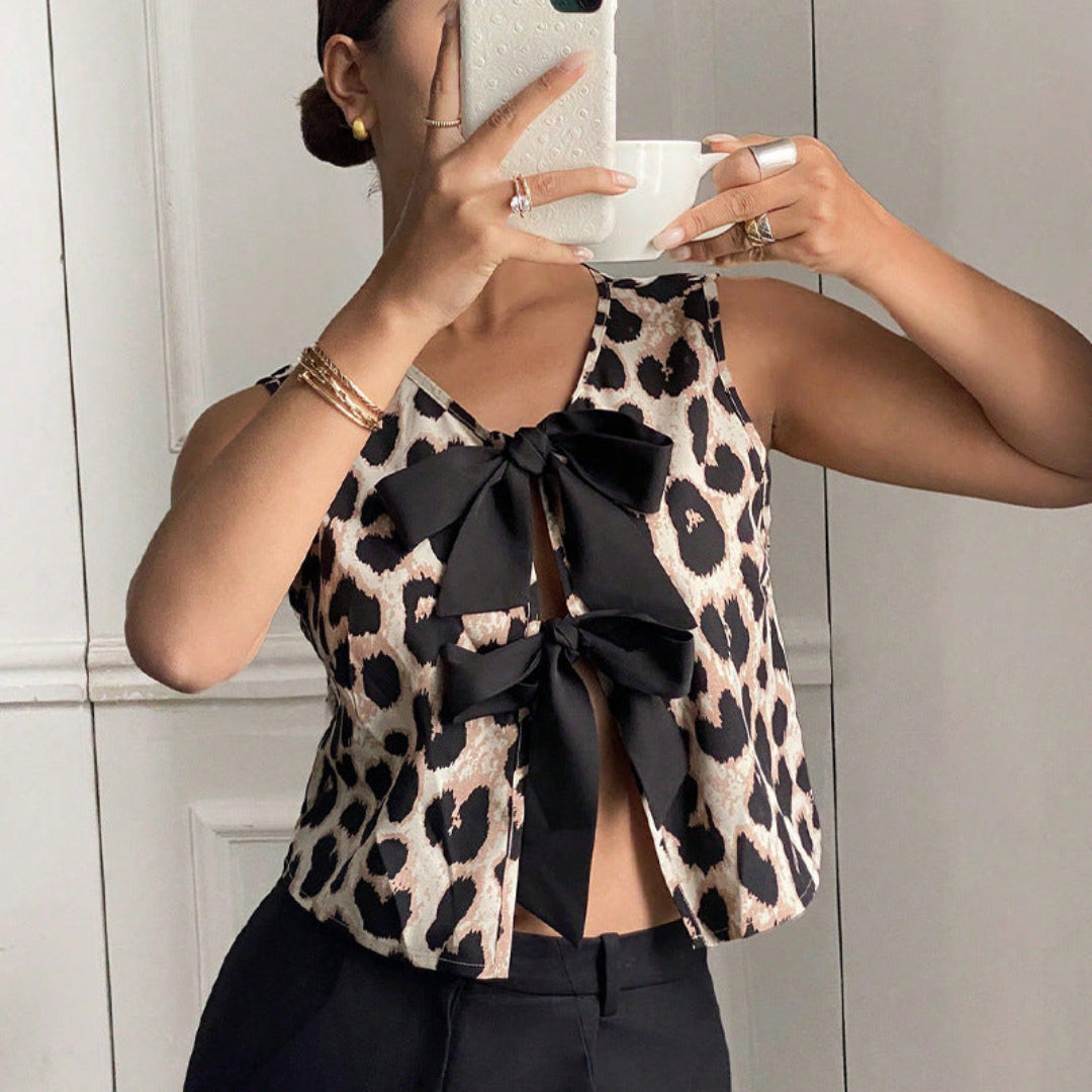 Women Leopard Bow Tie Top Artisio