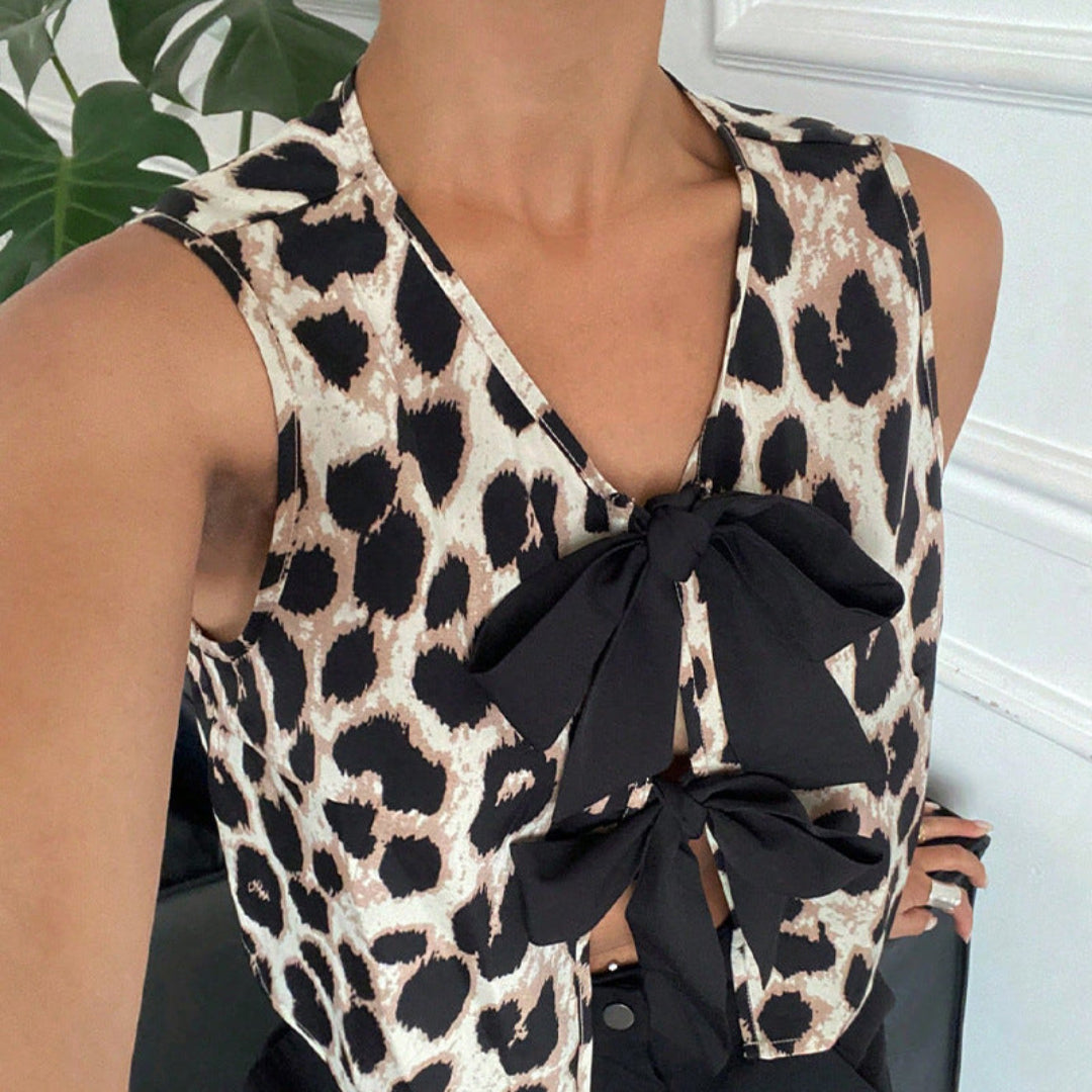 Women Leopard Bow Tie Top Artisio