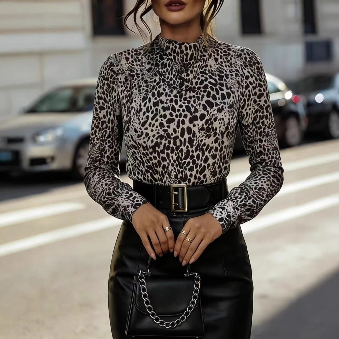 Women Leopard High Neck Blouse Artisio