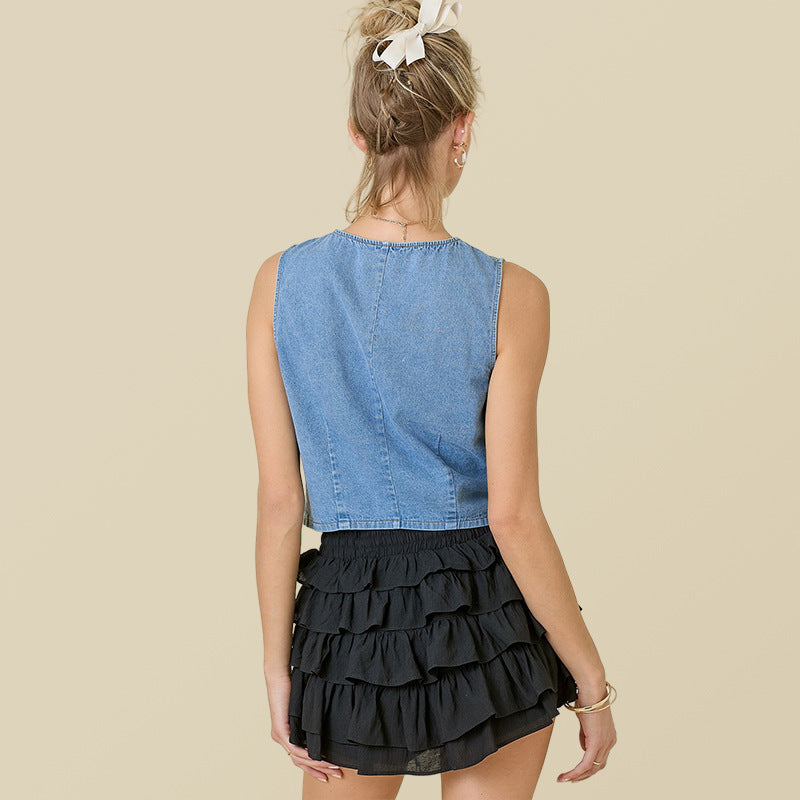 Women Tie Front Denim Sleeveless Top Artisio