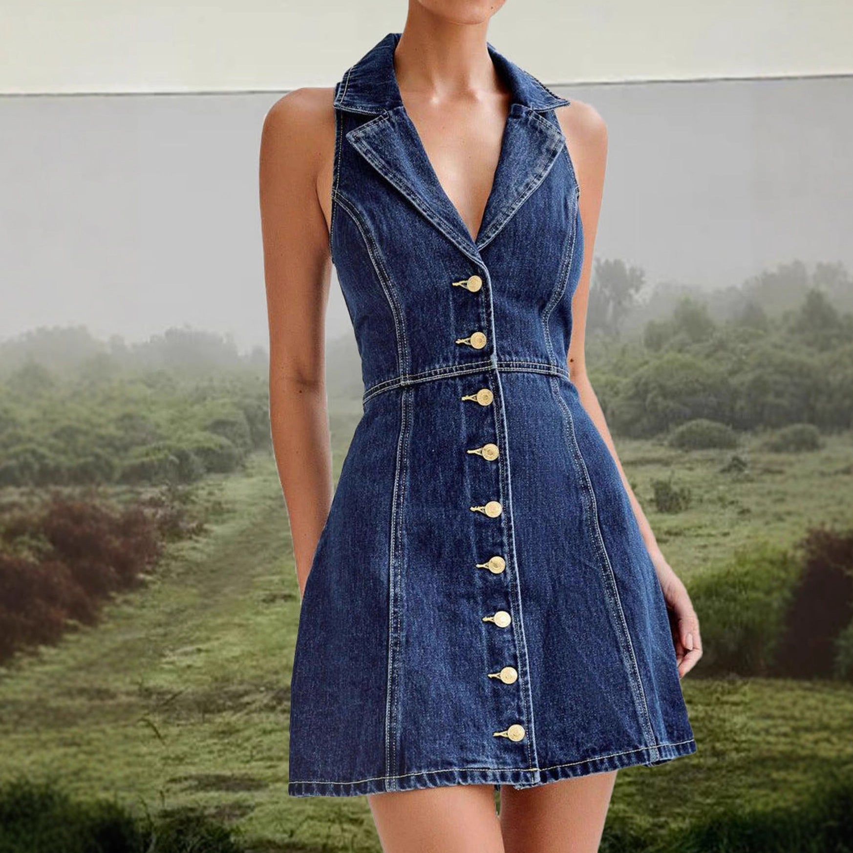 Women V-Neck Button Denim Dress Artisio