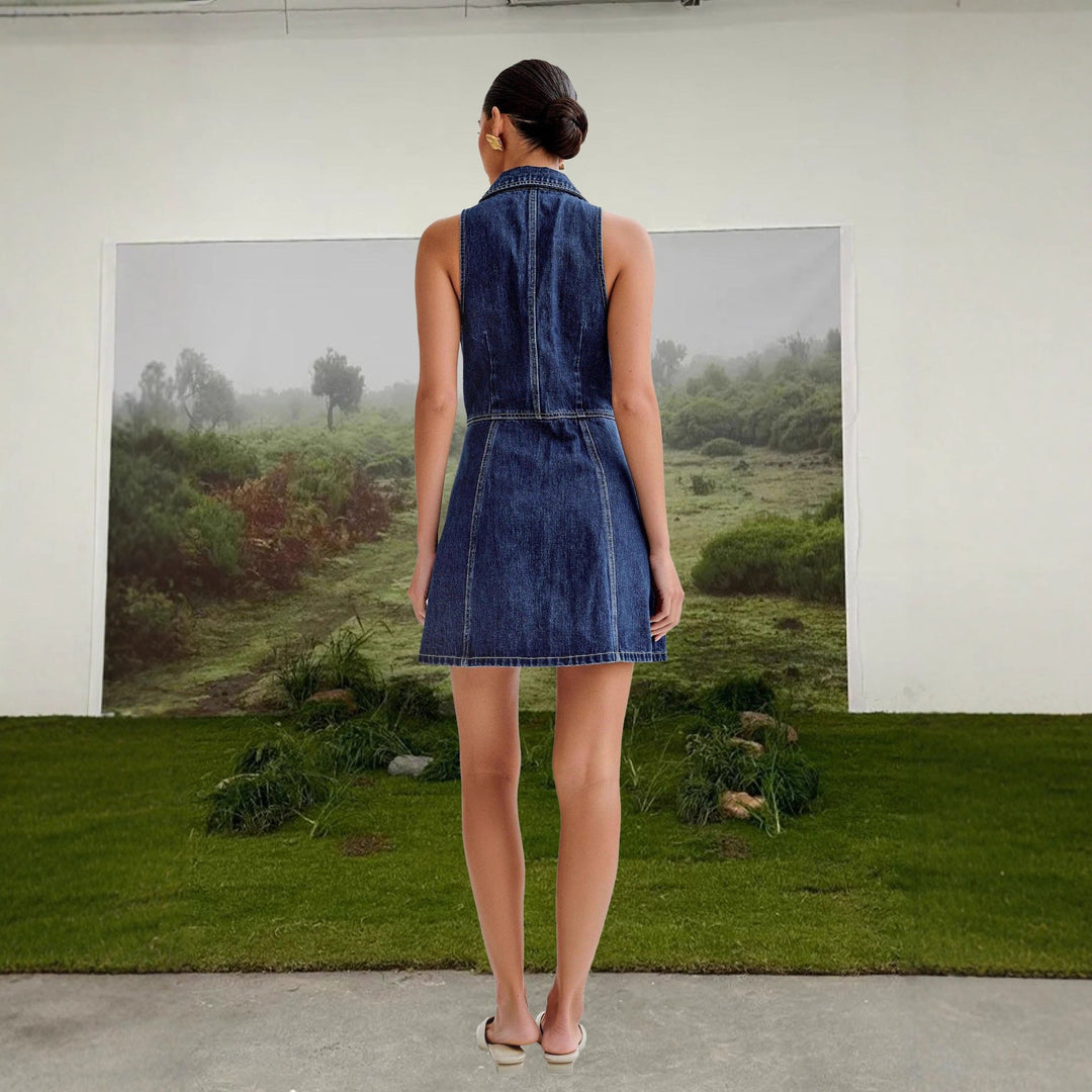 Women V-Neck Button Denim Dress Artisio