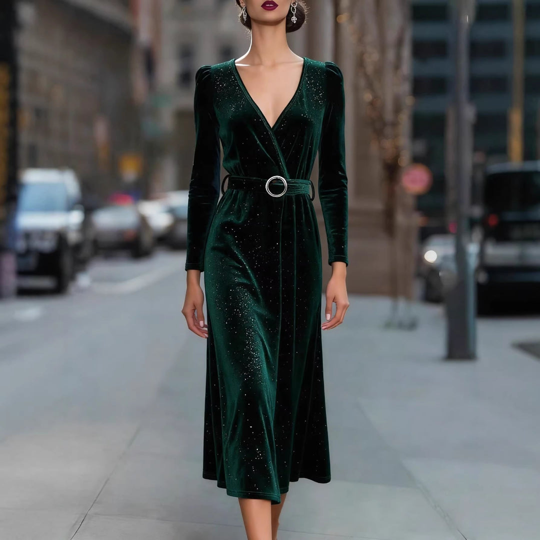 Women Velvet Wrap Midi Dress Artisio