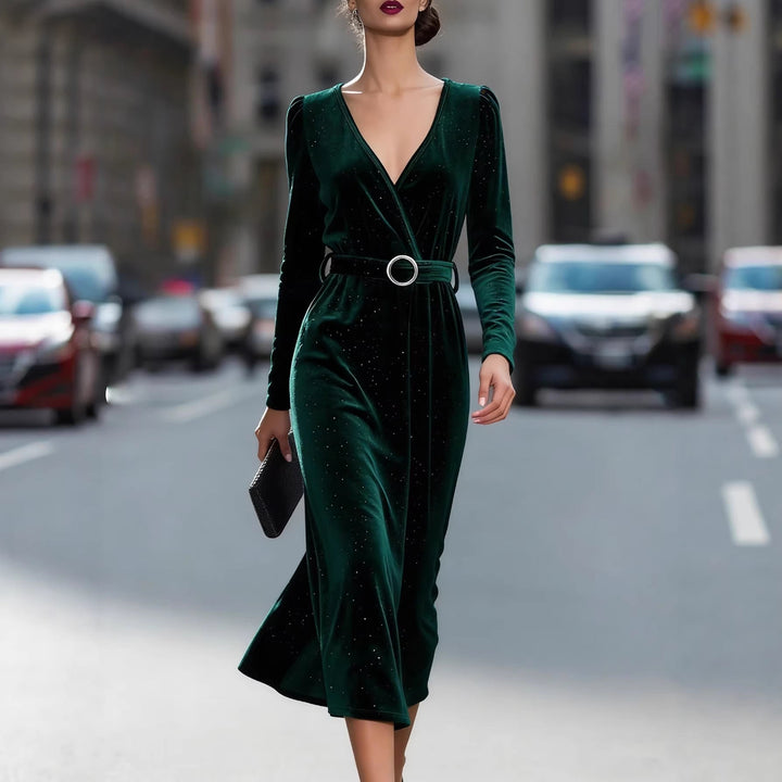 Women Velvet Wrap Midi Dress Artisio