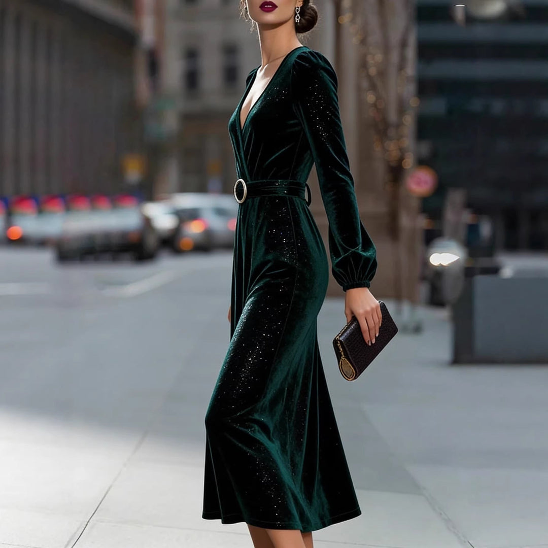 Women Velvet Wrap Midi Dress Artisio