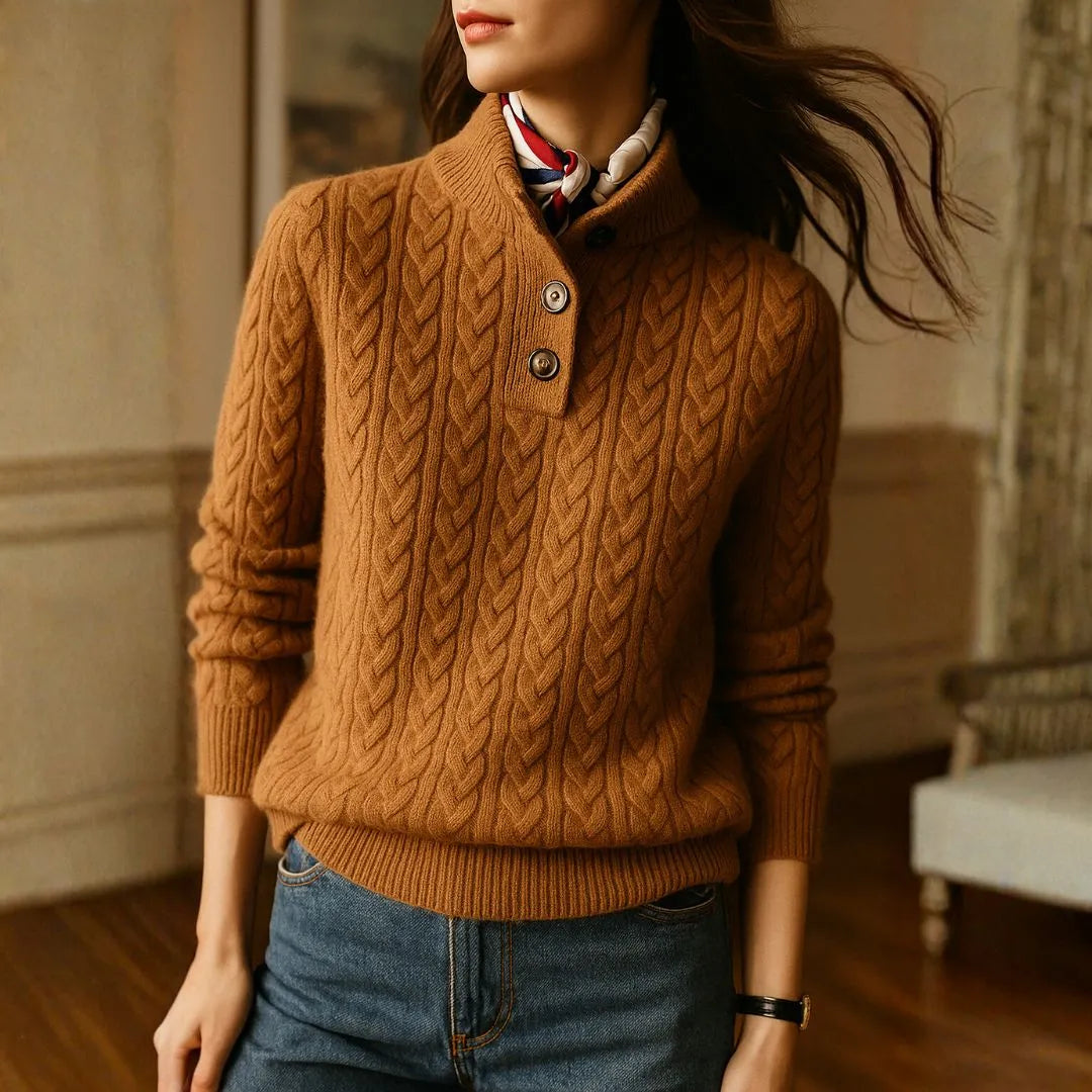 Women's Cashmere Cable Knit Stand Collar Sweater Artisio
