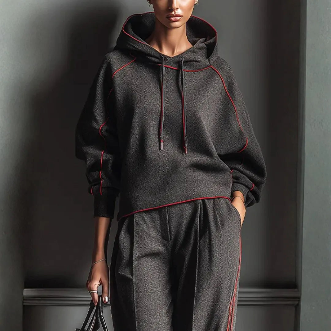 Women’s Charcoal Red Contrast Bind Hoodie Artisio