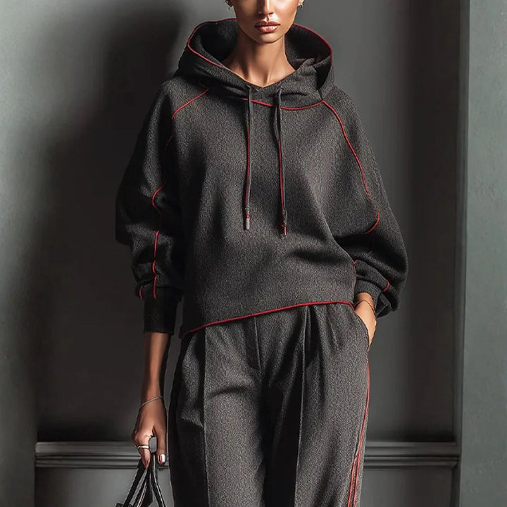Women’s Charcoal Red Contrast Bind Hoodie Artisio