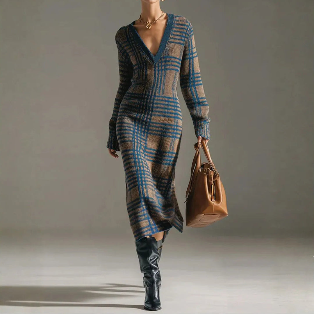 Women’s Plaid Deep-V Maxi Sweater Dress Artisio