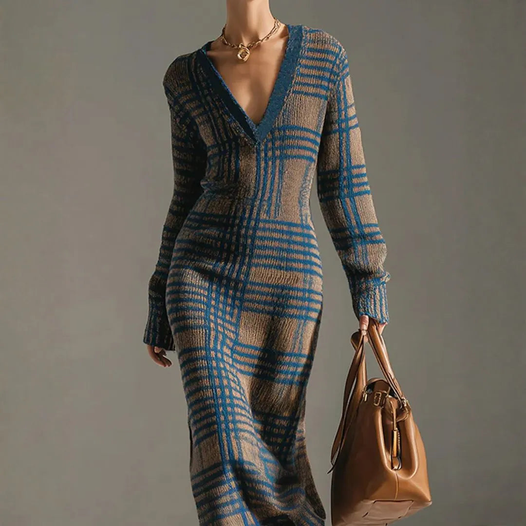 Women’s Plaid Deep-V Maxi Sweater Dress Artisio
