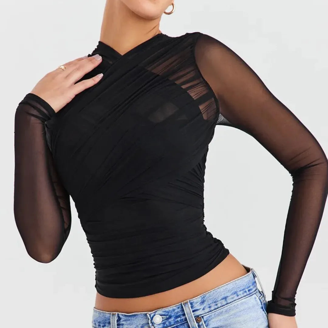Women’s Sheer Criss-Cross Long Sleeve Top