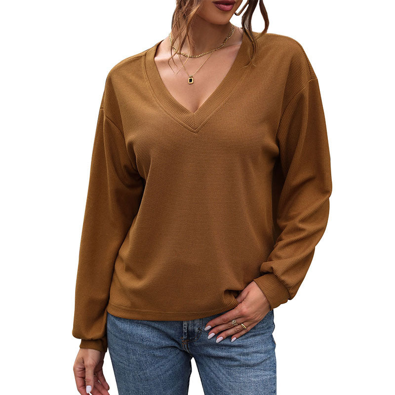 Women's V-neck waffle knit sweater WW 5