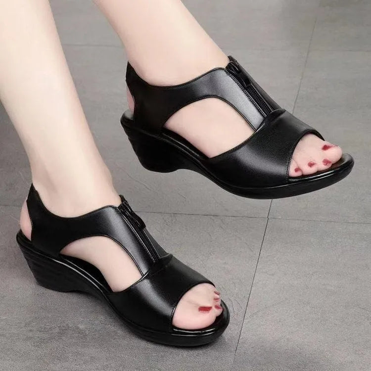Dawn Cut-Out Zipper Front Wedge Sandals Artisio