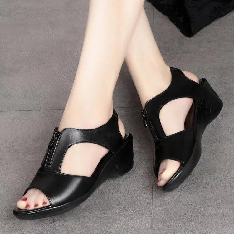 Dawn Cut-Out Zipper Front Wedge Sandals Artisio