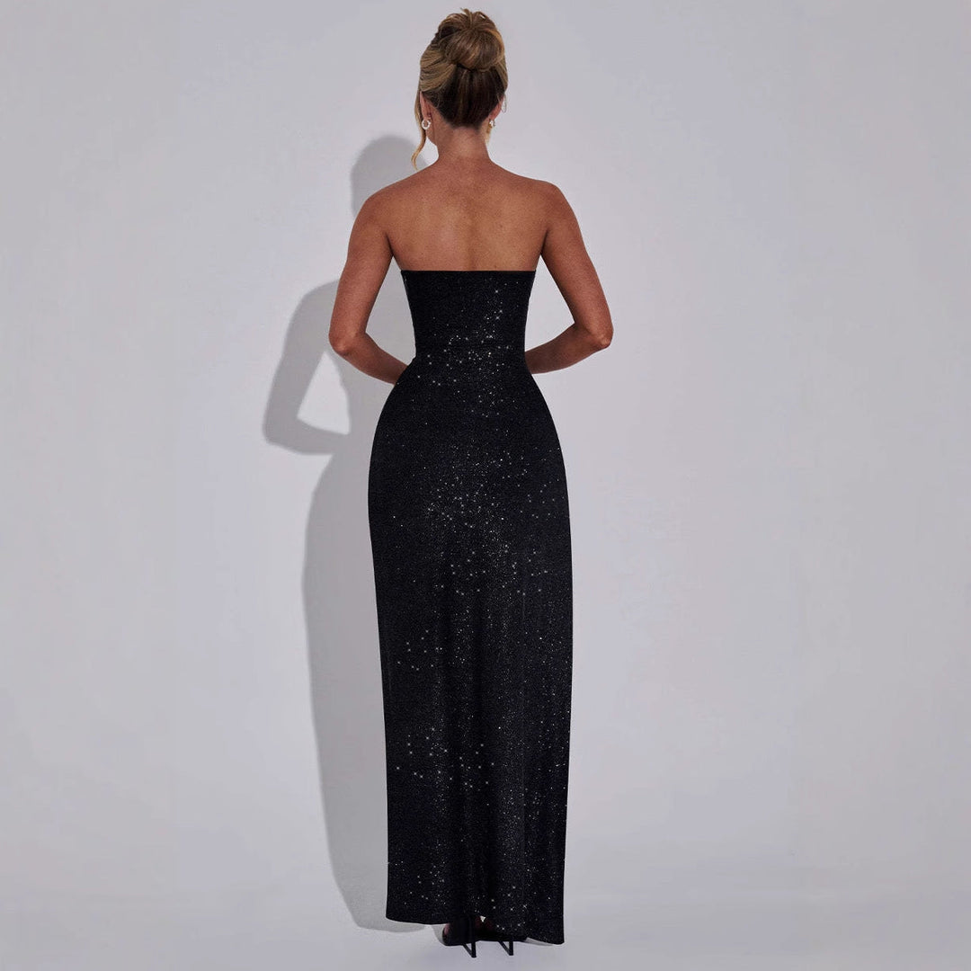 Women's glamorous strapless maxi dress with shimmering fabric and elegant leg slit WW 3