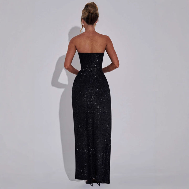 Women's glamorous strapless maxi dress with shimmering fabric and elegant leg slit WW 3