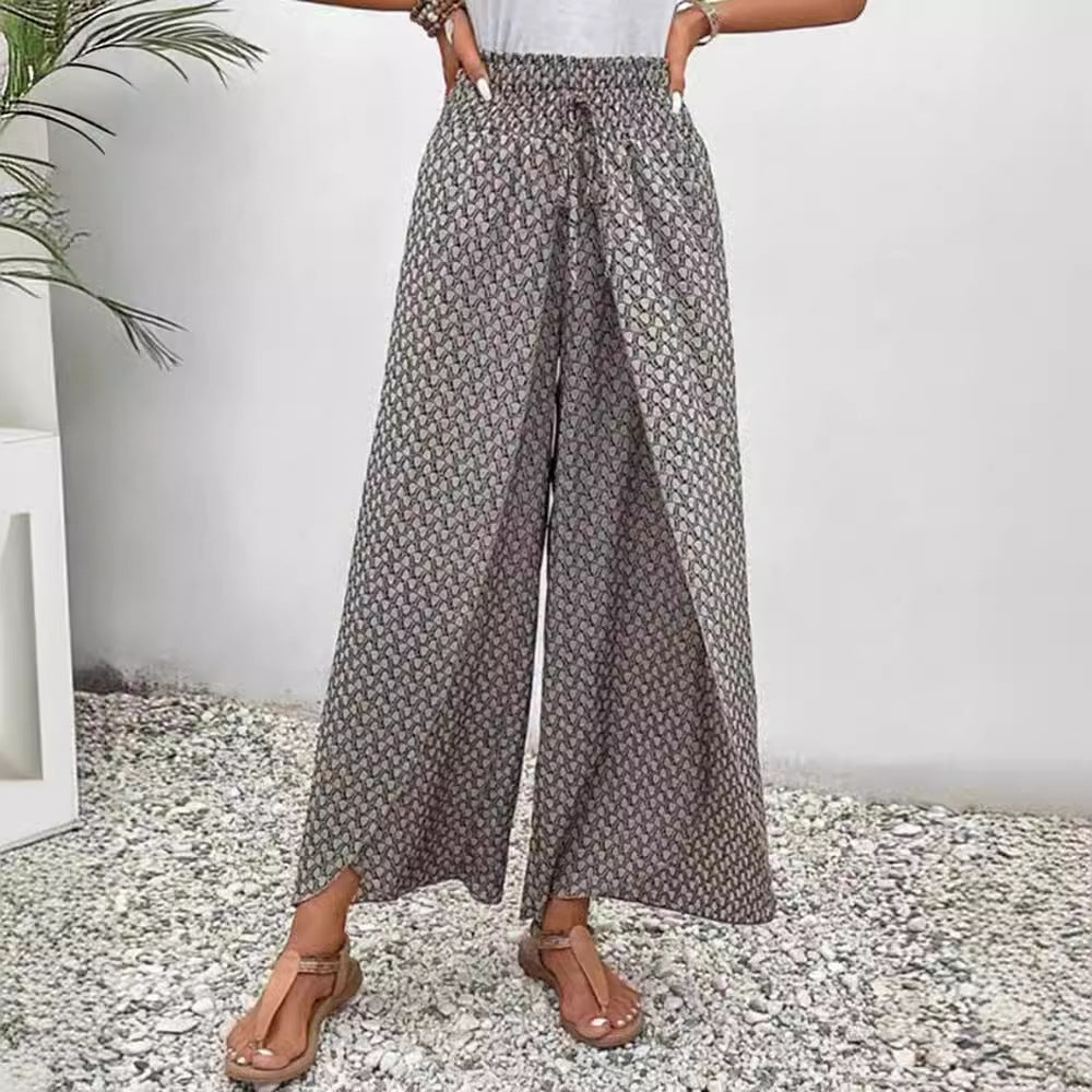 Women's wide-leg high-waisted trousers with elasticated waistband and graphic pattern WW 3