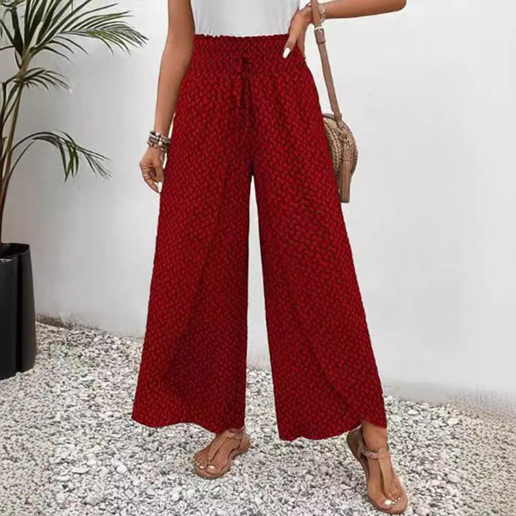 Women's wide-leg high-waisted trousers with elasticated waistband and graphic pattern WW 4