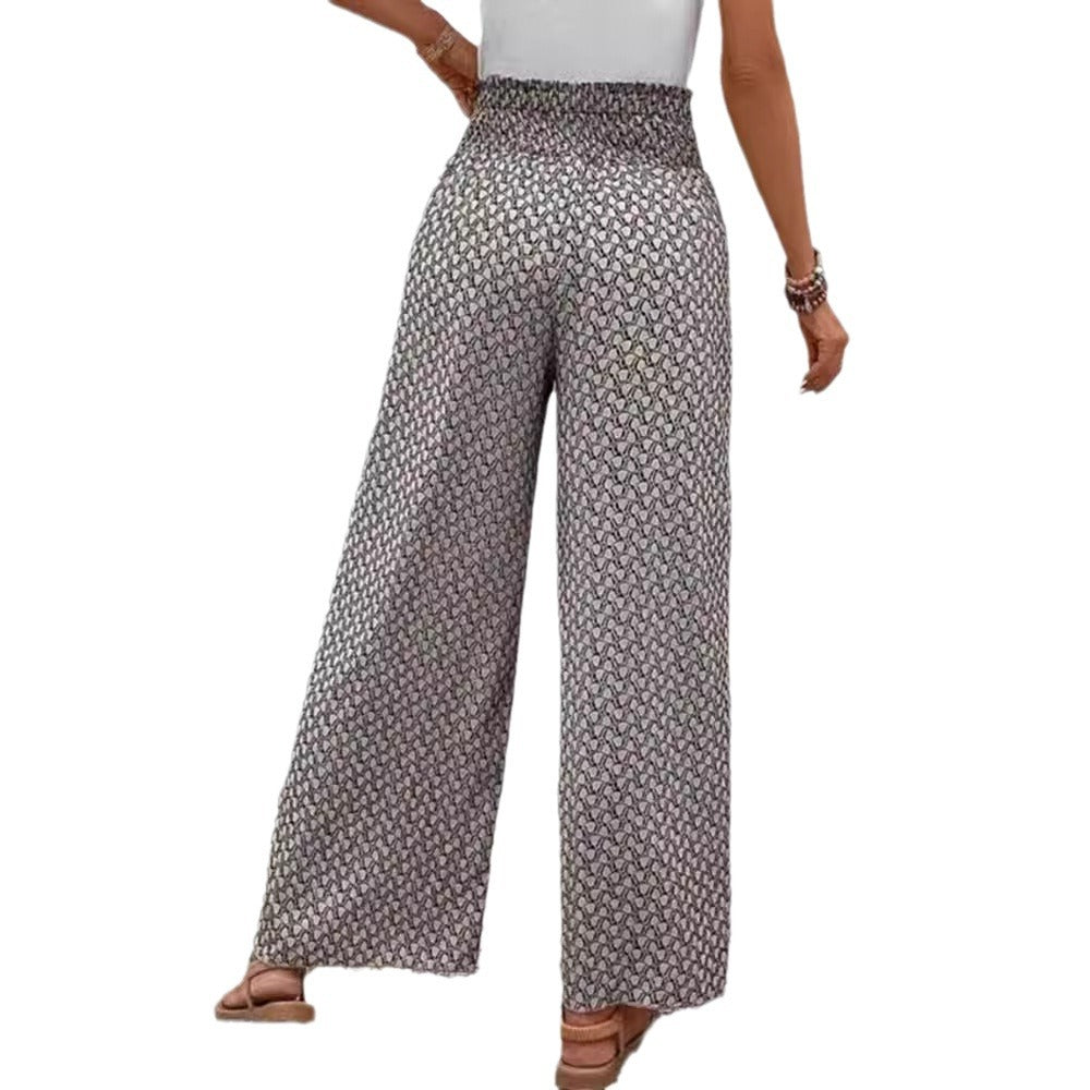 Women's wide-leg high-waisted trousers with elasticated waistband and graphic pattern WW 5