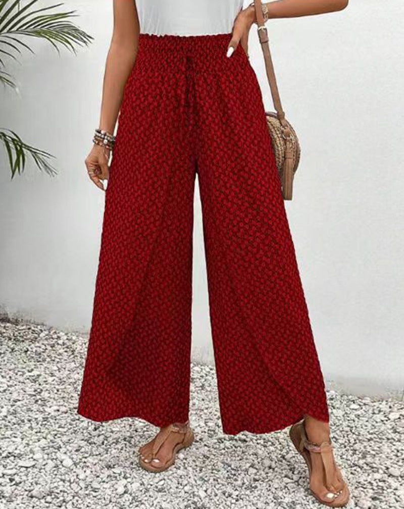 Women's wide-leg high-waisted trousers with elasticated waistband and graphic pattern WW 6